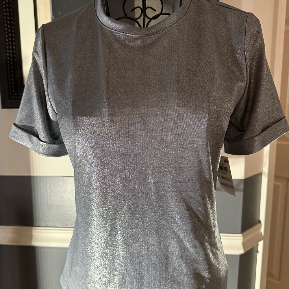 INC International Concepts Shimmering Silver Short Hair Sleeve Top